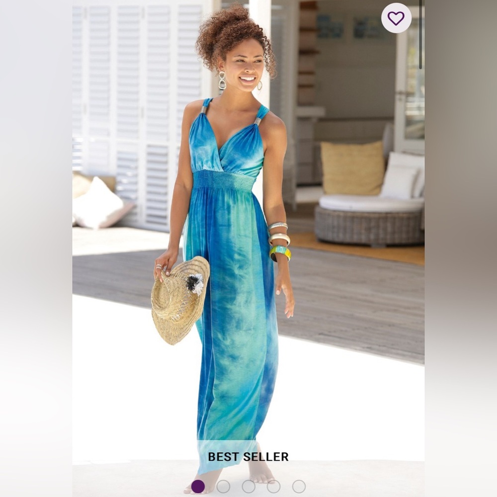 Lascana Blue Tie-Dye Maxi Dress criss cross neck line, straps w metal detail NWT